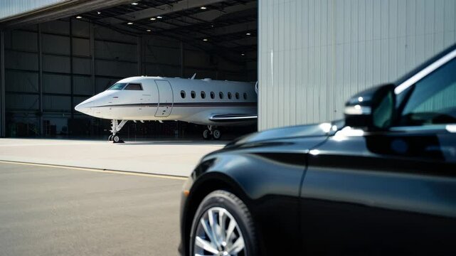 An elegant black car is parked in front of a large hangar, with a private jet visible inside. The setting suggests preparation for a high-end journey. Bright sunlight shines in the background