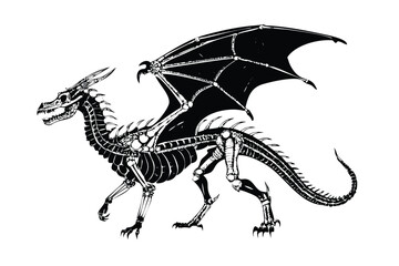 Dragon Anatomy in Stipple Ink Style. Black and white Vector of Mythical Creature Skeletons. Fantasy Biology Engraving	

