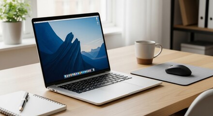 Modern Workspace with Laptop, Coffee Cup, and Minimalist Design Elements