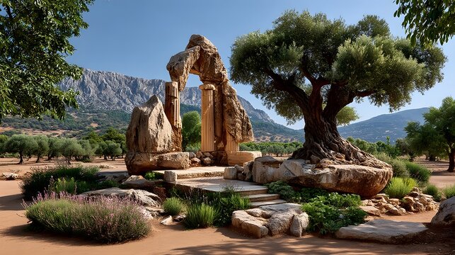 Ancient stone columns in rugged mountain valley high resolution image