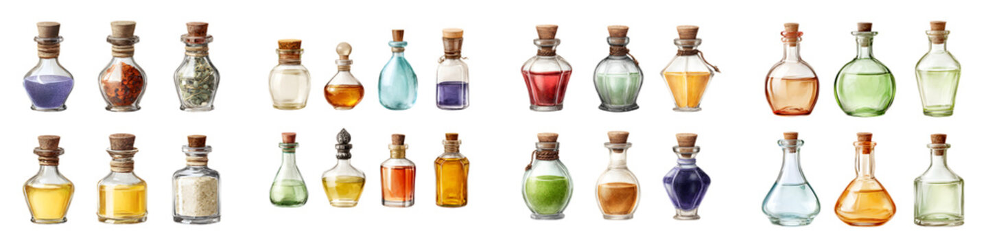 Set of Watercolor Magic Potion Bottles Isolated on White Background