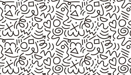 Seamless Black and White Modern Memphis-style pattern with stars, arrows, triangles, circles, hearts, zigzags, spirals, and wavy lines. Cute retro 80s–90s doodle design for kids.