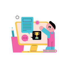 Online learning and achievement concept 
Computer desk. Elementary school class.