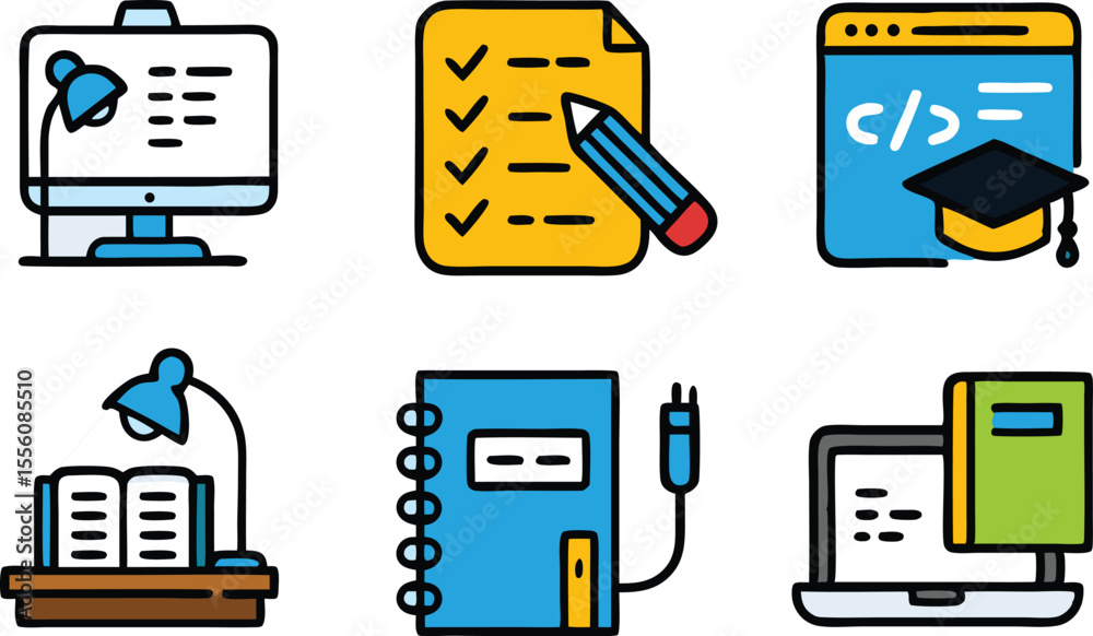 Wall mural vector art of a set of colorful vector icons depicts various aspects of studying and learning
