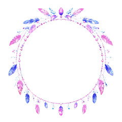 Delicate Floral Necklace: Blue Jewels, Teardrop Beads and Purple Feathers