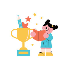 Child Reading and Receiving an Award Education Learning. Pencil. Trophy
