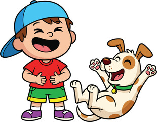  Cheerful Young Boy and Playful Dog Laughing Together, Expressing Joyful Friendship and Childhood Happiness - A Heartwarming Moment.