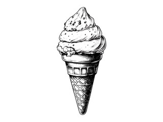 Retro ice cream cone engraving, vintage hand-drawn black ink, seasonal summer treat sketch, trendy dessert icon, old engraving style, classic sweet food illustration, nostalgic summer decor