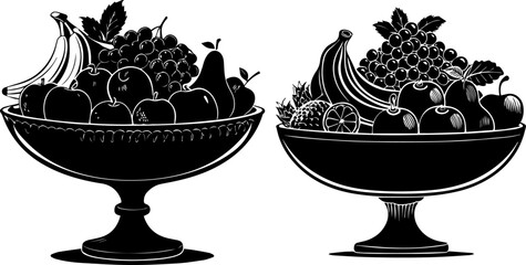 Detailed Fruit Bowl Compote Dish Silhouette - Fresh Fruits Still Life Vector Illustration