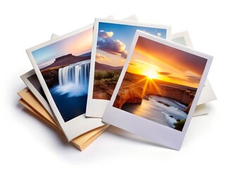 Stack of landscape photos featuring waterfall and sunset isolated on white background