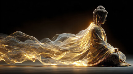 Golden statue of Buddha with flowing energy, symbolizing peace and tranquility. intricate details and luminous aura create serene atmosphere, inviting reflection and meditation