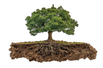 Lush green tree with extensive, exposed root system, isolated on black background, showcasing the interconnectedness of above and below ground life