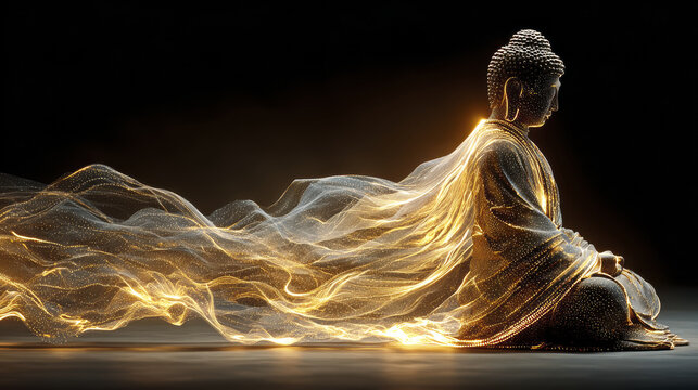 Golden statue of Buddha with flowing energy, symbolizing peace and tranquility. intricate details and luminous aura create serene atmosphere, inviting reflection and meditation