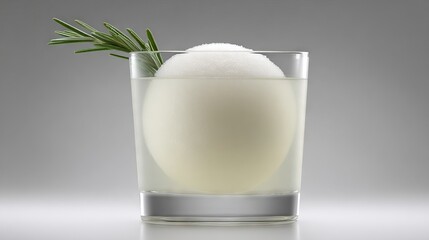 Refreshing cocktail served in a clear glass, featuring a spherical ice ball and a sprig of rosemary, creating an elegant and inviting beverage presentation