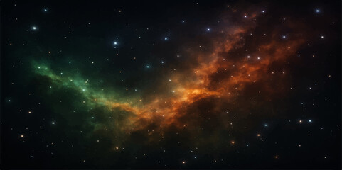 Abstract dark blue outer space with bright stars, a glowing nebula, and a distant galaxy