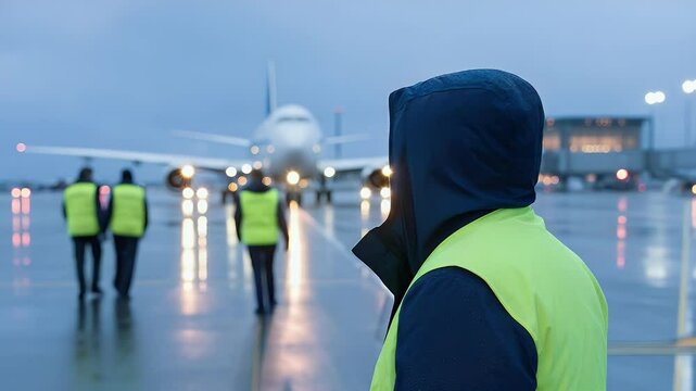 Airplane on tarmac airport workers preparing for departure
