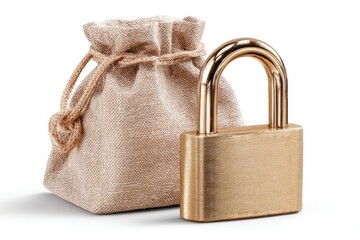 A golden padlock and a burlap bag