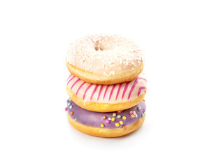Delicious stack of colorful donuts with sprinkles and frosting on a bright white background