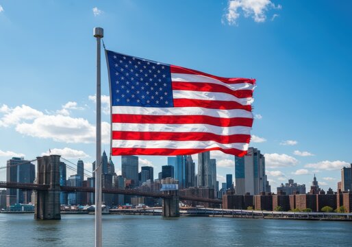 American flag waving over new york city skyline on sunny day