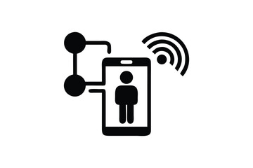 Connected Person Icon: Smartphone Network, Digital Communication, Modern Technology, Minimalist Black and White Style.