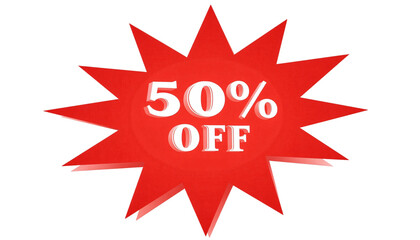 Fototapeta premium Red 50% off starburst discount label isolated on transparent backgrounds