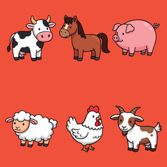 Set of Six Cute Cartoon Farm Animals. Cow, Horse, Pig, Sheep, Chicken, and Goat.
