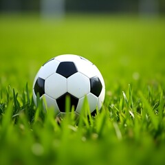 Fototapeta premium A classic soccer ball rests peacefully on a vibrant green field ready for action under bright soft