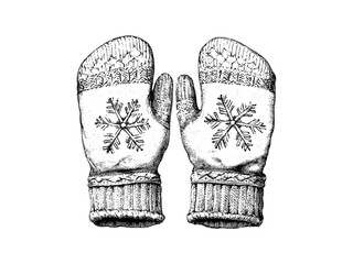 Vintage winter mittens engraved with snowflakes, cold weather accessory, holiday icon in old engraving style, black sketch, seasonal decor, trendy winter fashion, cozy cold season design