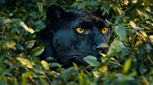 Panther with yellow eyes camouflaged in jungle  
