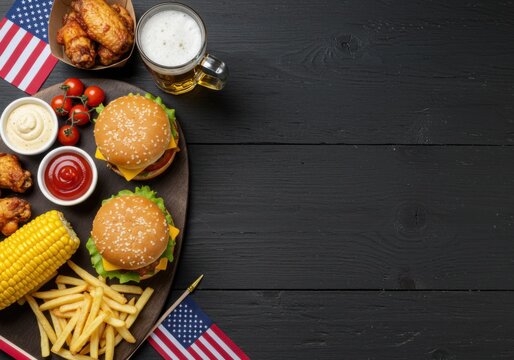 American food with burgers beer and fries on a black wooden table - Powered by Adobe
