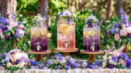 A beautiful wedding in the garden, three glass drink pitchers with ice and lemon slices inside