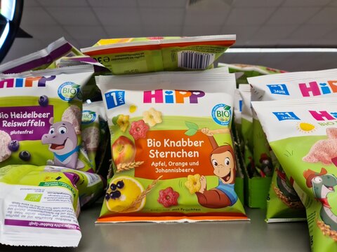 Kiel, Germany - 18. June 2025: Hipp organic baby food pouches displayed on a supermarket shelf