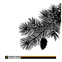 A monochrome silhouette of pine tree branch with needles and a pine cone hanging from the branch below