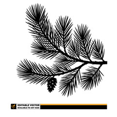 A monochrome silhouette of pine tree branch with needles and a pine cone hanging from the branch below