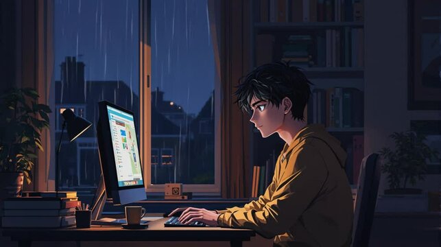 Anime boy working on computer in peaceful night in his bedroom, raining outside