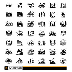 Fototapeta premium vector icons of mountains, trees, and rivers in nature scenes
