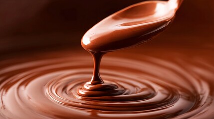 Rich, glossy chocolate syrup is elegantly drizzled from a spoon, creating mesmerizing swirls in a smooth, dark chocolate pool, showcasing indulgent dessert preparation and culinary artistry