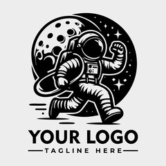 A stylized graphic logo featuring a running astronaut against a backdrop of a moon and stars.