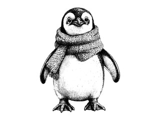 Hand-drawn winter penguin with scarf, vintage seasonal animal engraving, Christmas decor motif, black sketch style, old engraving technique, trendy holiday illustration, winter wildlife art