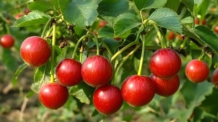 Ripe Red Cherries on Branch Lush Green Leaves Summer Fruit