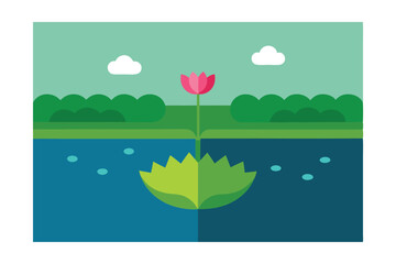 Fototapeta premium Blooming Lily in Serene Waters: A vibrant illustration of a delicate lily gracefully rising from the calm water surface, creating a peaceful and harmonious scene. A symbol of beauty and tranquility.