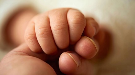 Close-up of a newborn baby's hand grasping an adult finger, showcasing the delicate features and bond between parent and child in a tender moment of connection