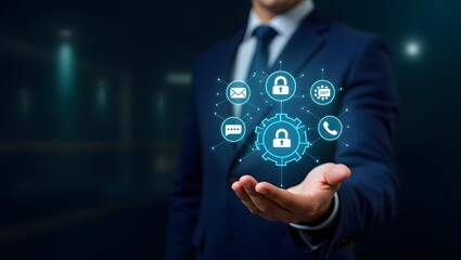 Businessman holding a glowing digital hologram