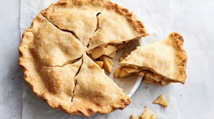 Freshly baked apple pie with golden crust, sliced to reveal juicy apple filling, placed on a light surface, showcasing delicious dessert and inviting homemade atmosphere