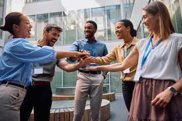 Cheerful diverse entrepreneurs celebrating their business success.