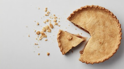 Delicious pie with a slice removed, showcasing a crumbly crust and filling, surrounded by scattered crumbs on a clean white surface, inviting a sense of indulgence and comfort