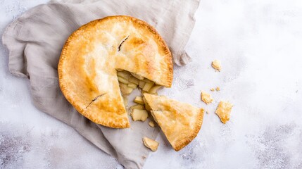 Freshly baked apple pie with a golden crust, partially sliced, revealing tender apple filling, placed on a light fabric background, showcasing delicious homemade dessert appeal