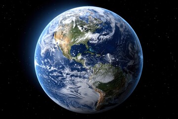 Obraz premium The Earth is displayed amidst stars highlighting North and South America and cloud formations