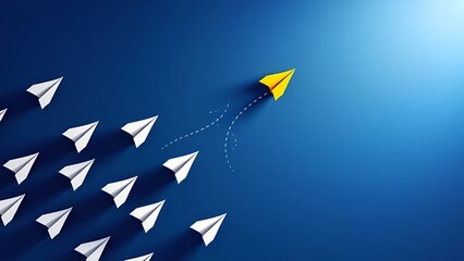 Bold yellow paper airplane leads a group of white planes, symbolizing leadership, innovation, and standing out on a blue background.