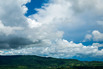 Amazing landscape fog mountain clouds scenery. Beautiful Mountain landscape foggy windy mountain range green landscape asian farm. Landscape mountain green field meadow white cloud blue sky sunrise